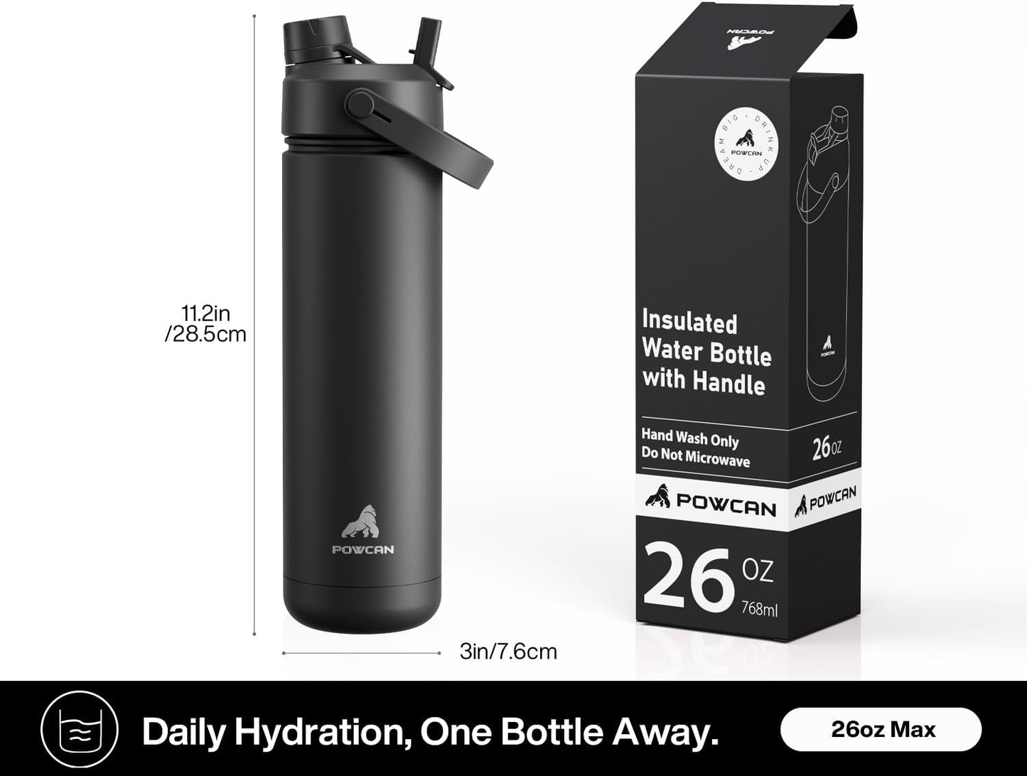Insulated Water Bottle - 26 oz Stainless Steel with 2-in-1 Straw & Spout Lid | Leak-Proof, Fits Car Cup Holder, Dark Knight