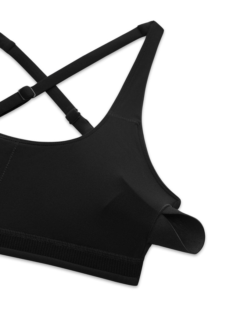 CRZ YOGA Butterlift Cross Back Sports Bras for Women - Scoop Neck Adjustable Straps Wireless Padded Pilates Workout Top Black Medium