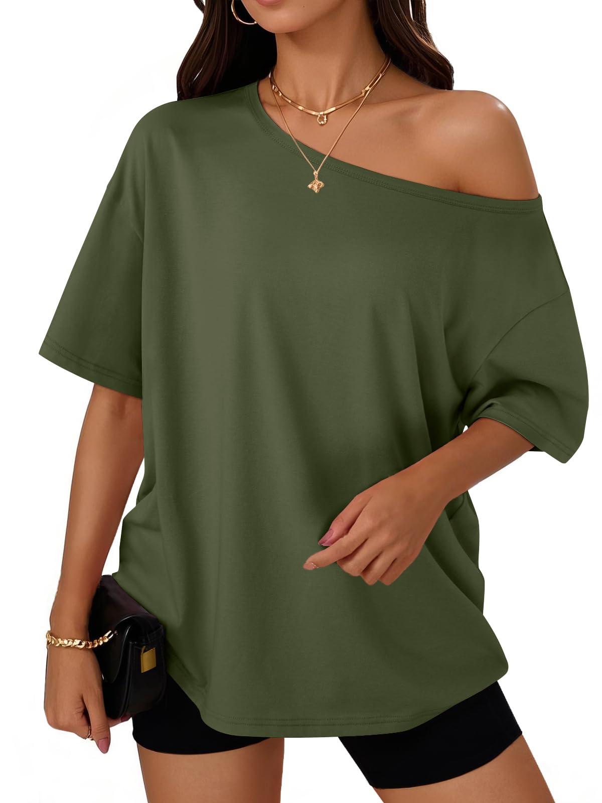 Trendy Queen Womens Off the Shoulder Tops Oversized T-Shirts Short Sleeve Tees Summer 2026 Casual Spring Clothes Workout Gym Y2k Cute Going Out Plus Size Fashion Clothing ArmyGreen S