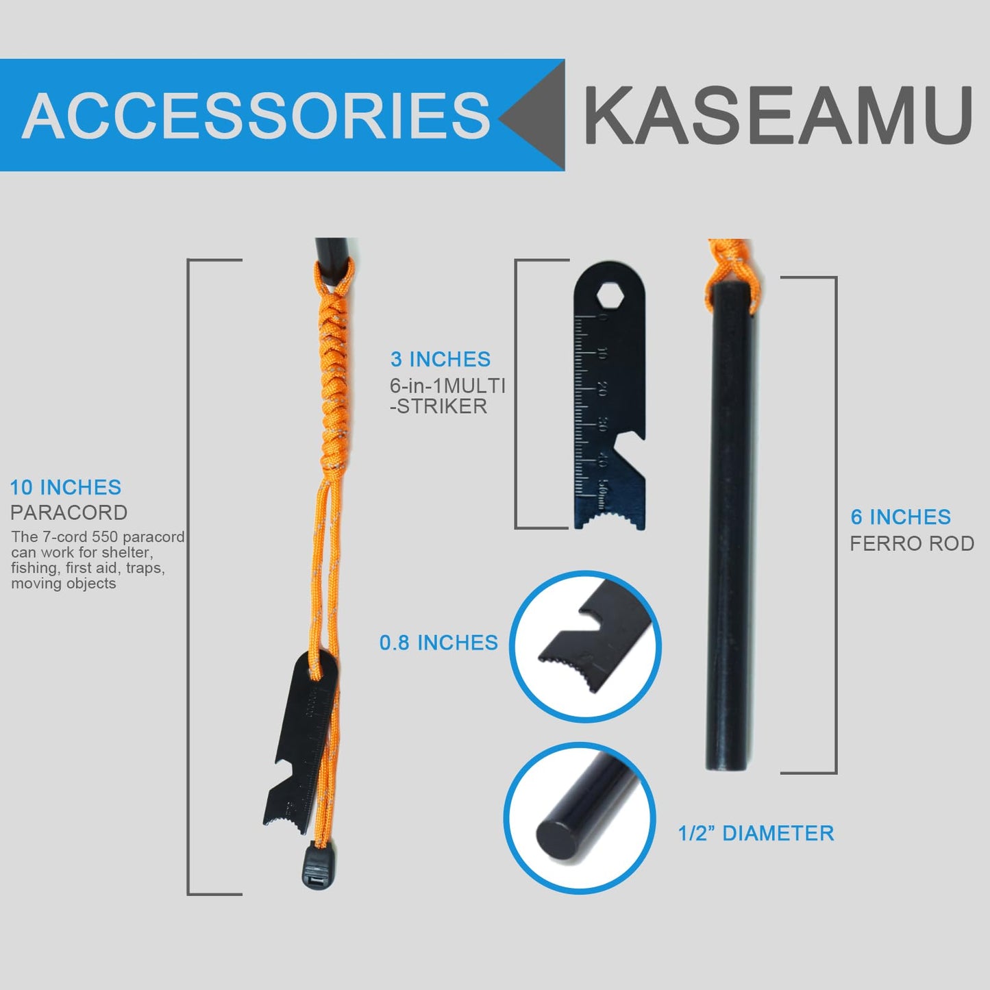 Kaseamu Ferro Rods 1/2 inch x 6 inch, Premium Ferro Rod Fire Starter Survival Tool, Flint and Steel Fire Starter Kit, 20,000+ Strikes, Large and Thick Ferro Rod with Paracord & Multi-Tool Striker.