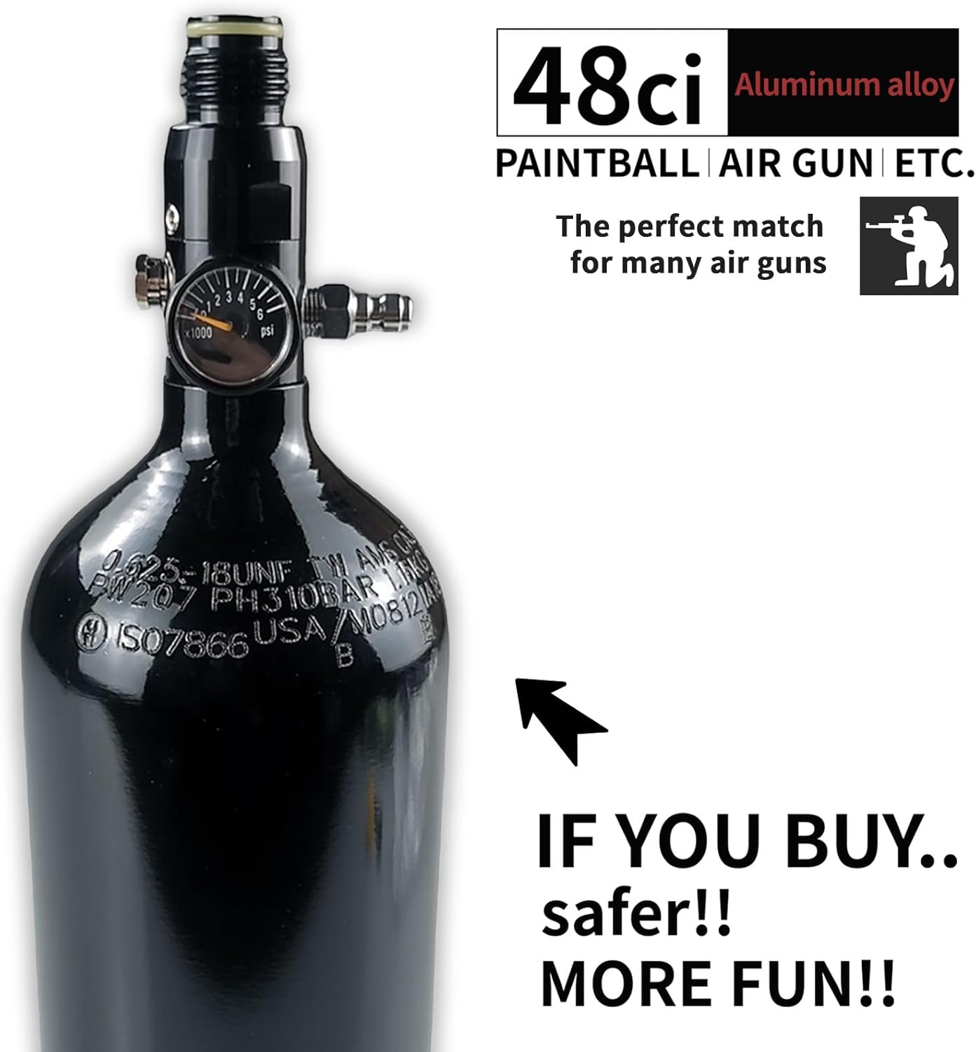 Paintball Tank System - 48ci HPA Aluminum Air Tank | 3000psi Input, 800psi Output, Flat Bottom Design