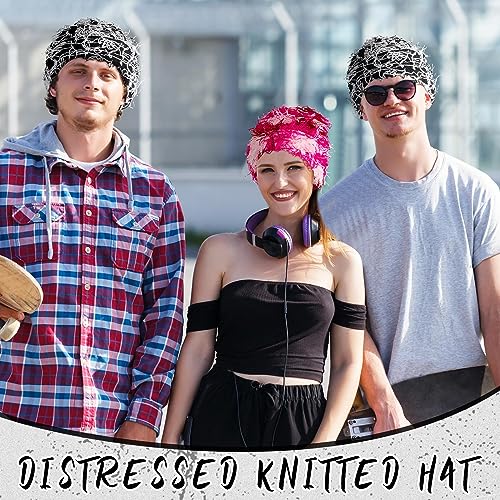 Ramede 2 Pcs Distressed Knitted Beanie Fuzzy Winter Hats Thick Warm Beanie Hats for Men Women Outdoor Knit Cap