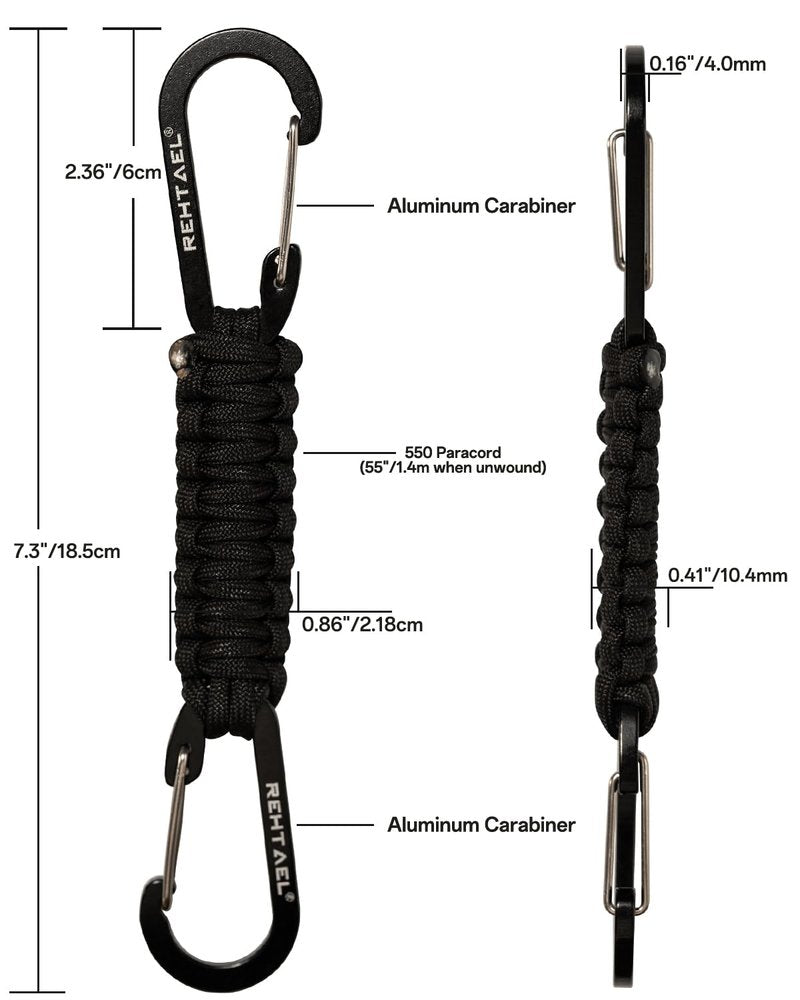 REHTAEL Heavy Duty Paracord Keychain with 2 Carabiner Clip for Keys, Military Lanyard Key Chain, Stroller Clip Hooks for Water Bottle Backpack Men Women, Camping Hiking (2Pcs, 2 X Black)