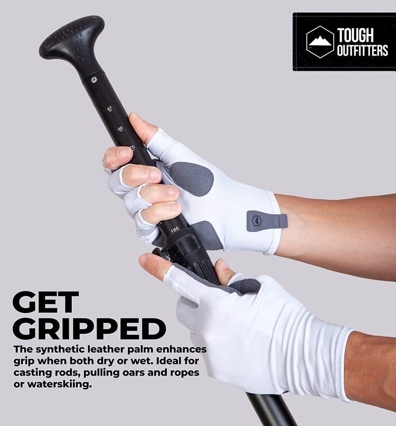 Fingerless Fishing Gloves - UPF 50+ UV Protection | Reinforced Grip for Kayaking & Rowing - White