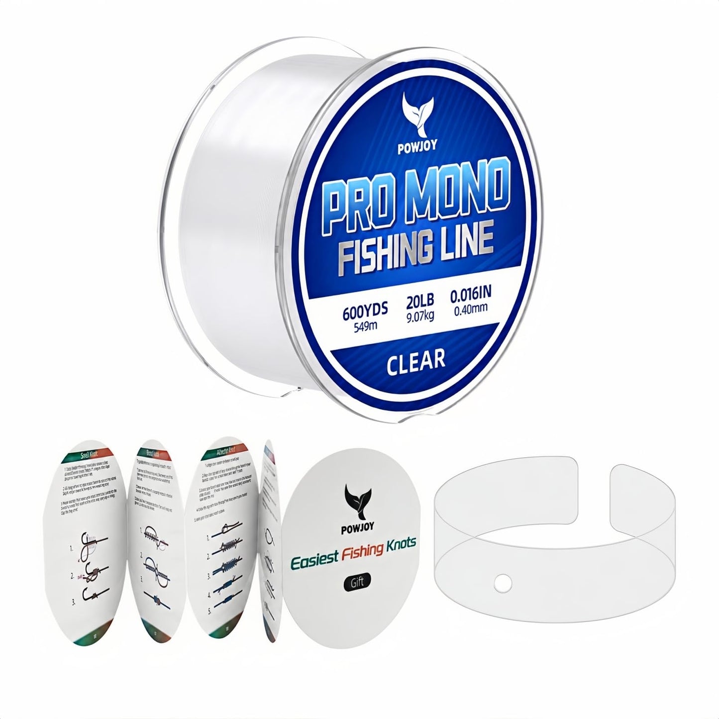 POWJOY 20lb Clear Monofilament Fishing Line 600Yds, No‑Tangle Snap Ring, Low-Stretch Nylon Mono String with Knot Guide, Invisible Underwater & Abrasion Resistant, Multi purpose for hanging decorations