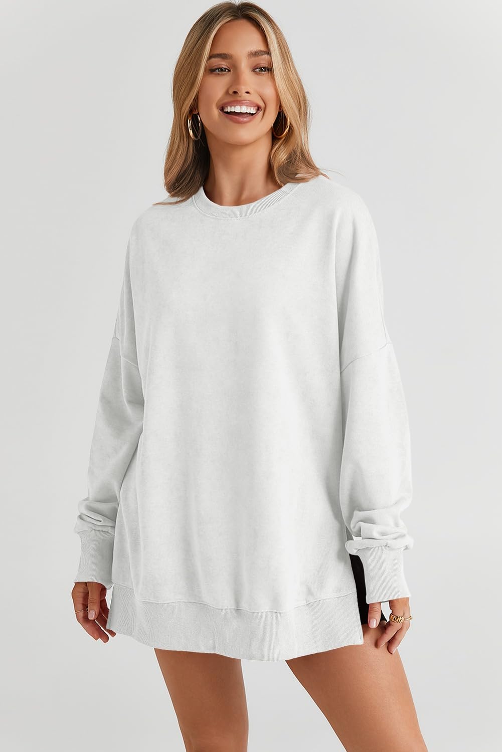 SHEWIN Women Fall Sweatshirt Oversized Pullover Tops White, Size M