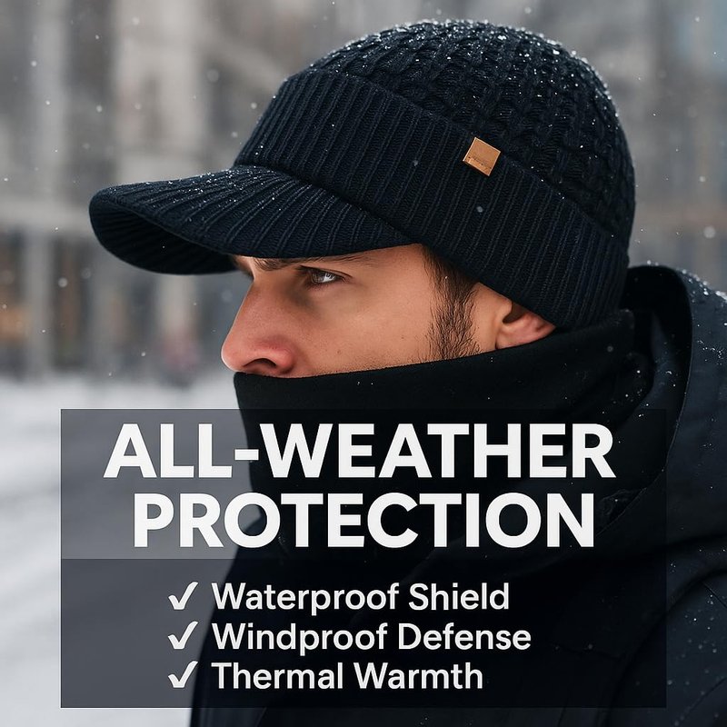 TOP-EX DryKnit™ Waterproof Merino Wool Visor Beanie with Brim & Fleece Neck Warmer Set – Warm Winter Knit Hat for Men & Women Cold Weather Ski Hiking Golf Black M/L