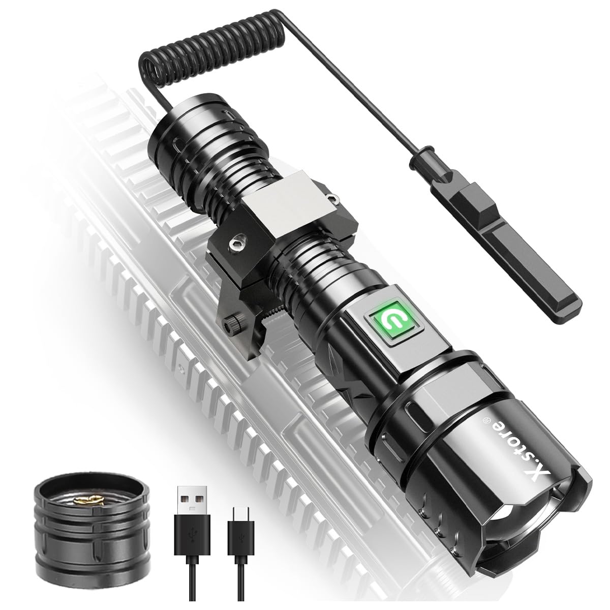 X.Store Led Tactical Flashlight, Custom Design XHP70 Picatinny Rail Mount Flashlight Rifle Light Electric Flashlights, 5 Modes Waterproof with Zoom Function Pressure Switch for Outdoor Hiking Camping