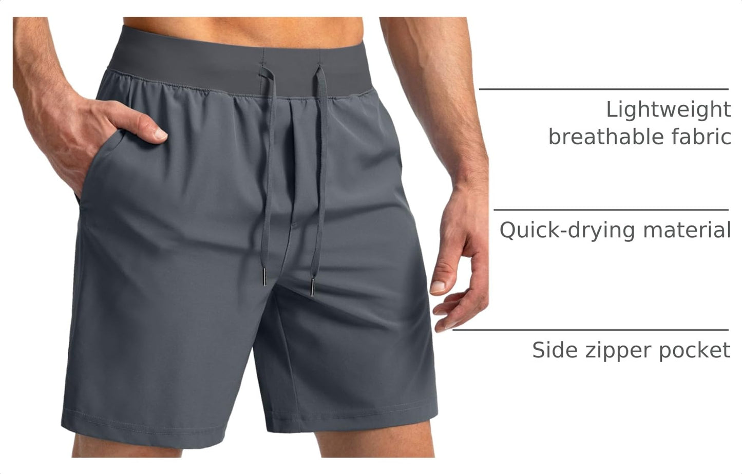 Soothfeel Men's Running Shorts with Zipper Pockets 7 Inch Lightweight Quick Dry Gym Athletic Workout Shorts for Men (Grey, M)