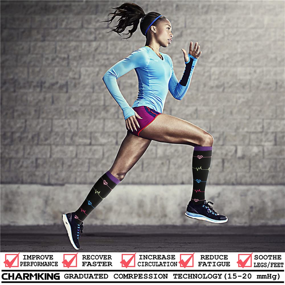 CHARMKING Compression Socks for Women & Men (8 Pairs) 15-20 mmHg Graduated Copper Support Calf Socks are Best for Pregnant, Nurses - Boost Performance, Circulation, Knee High Wide Calf(S/M, Multi 06)