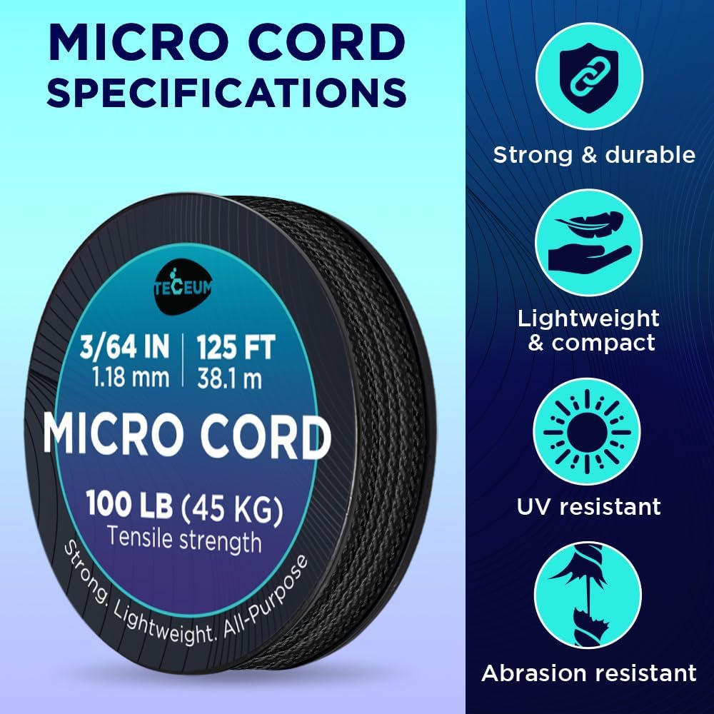 TECEUM Micro Paracord – White – 1.18 mm x 250 ft – Micro Utility Cord – Thin Braided Paracord Rope Nylon Polyester – Wind Chime Replacement – Survival Strong String 007c