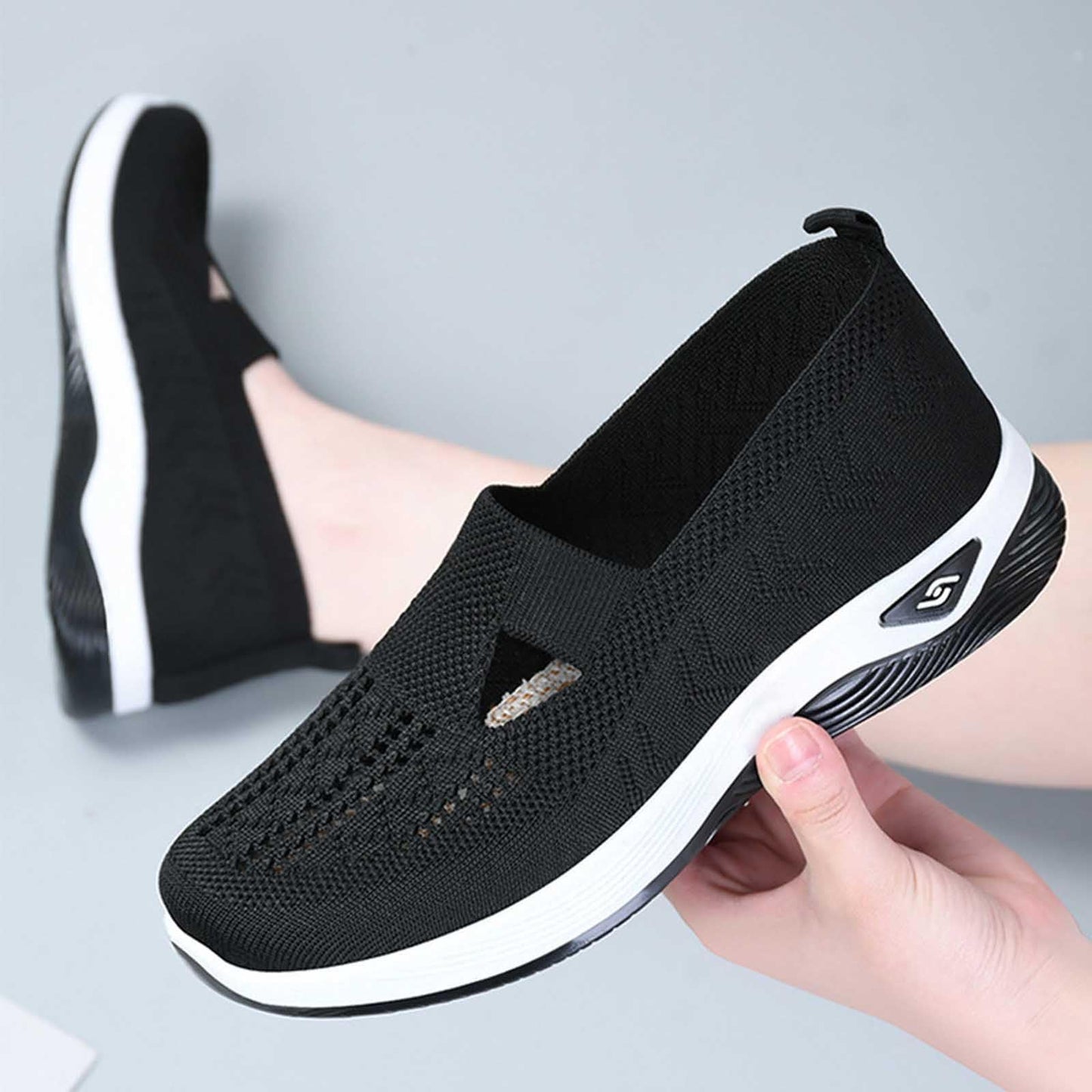 Generic Sneakers Women's Slip on Sneakers Shoes Woven Orthopedic Breathable Soft Shoes Walking Diabetic Foam Shoes Hands Free Slip in V-667 Black 6.5