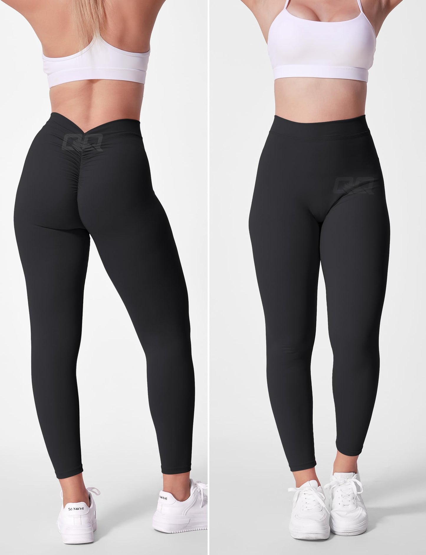 QOQ V Back Leggings for Women Scrunch Butt Lifting Workout Leggings High Waisted Gym Booty Tights Black M