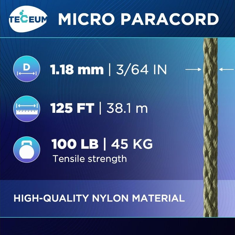 Micro Paracord - 1.18 mm x 125 ft Durable Braided Utility Cord for Crafting, DIY, Fishing & Camping | Survival Strong String