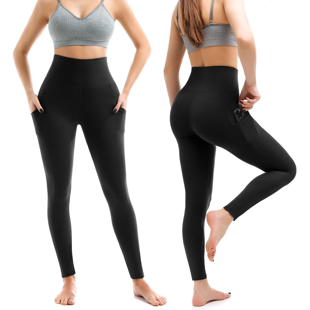 Leafigure 2 Pack Leggings with Pockets for Women, High Waisted Soft Leggings for Yoga Gym Black/Grey LXL