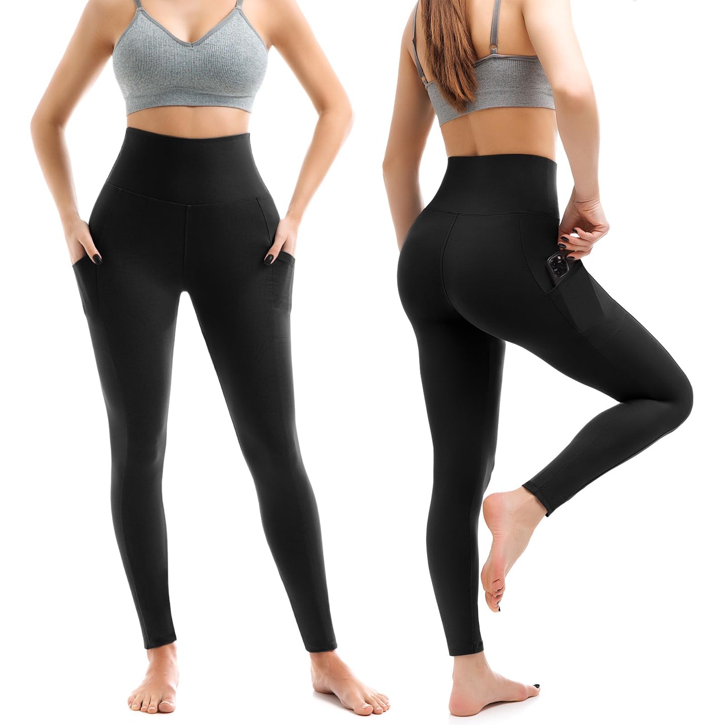 Leafigure 2 Pack Leggings with Pockets for Women, High Waisted Soft Leggings for Yoga Gym Black/Navy Blue XXL