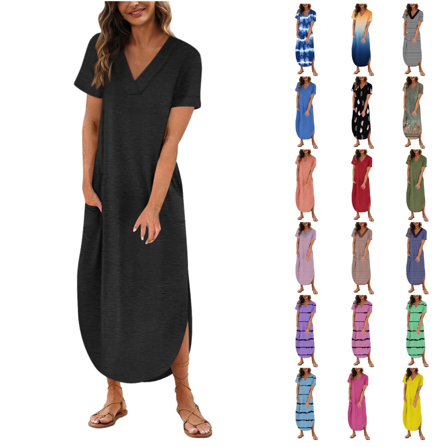 YFGEFTR Prime and Day Deals Women's 2024 Summer Dresses Short Sleeve Tshirt Dress V Neck Beach Long Maxi Dress Casual Split Sundress with Pocket Petite Sundresses for Women