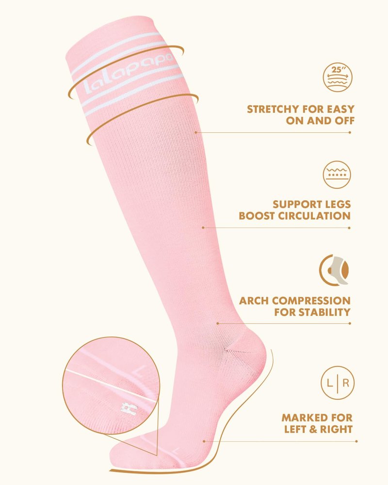 Lalapapa Cotton Compression Socks for Women - 15-20mmHg Cushioned Sole, Soft Breathable for Pregnancy Travel Nurse, Pink and Beige, S/M