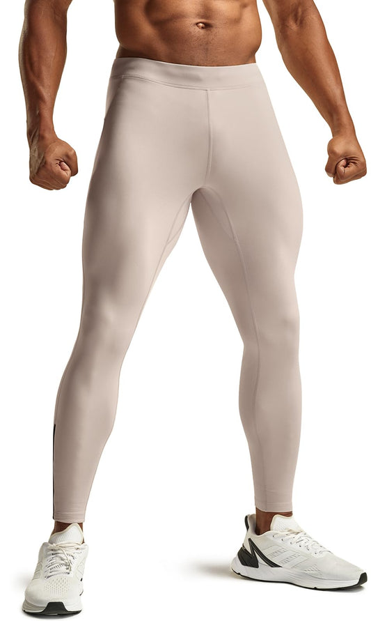 TSLA Men's Thermal Running Tights, Fleece Lined Compression Cycling Pants, Winter Cold Weather Leggings with Zipper Pocket, Running Tights Beige, Medium