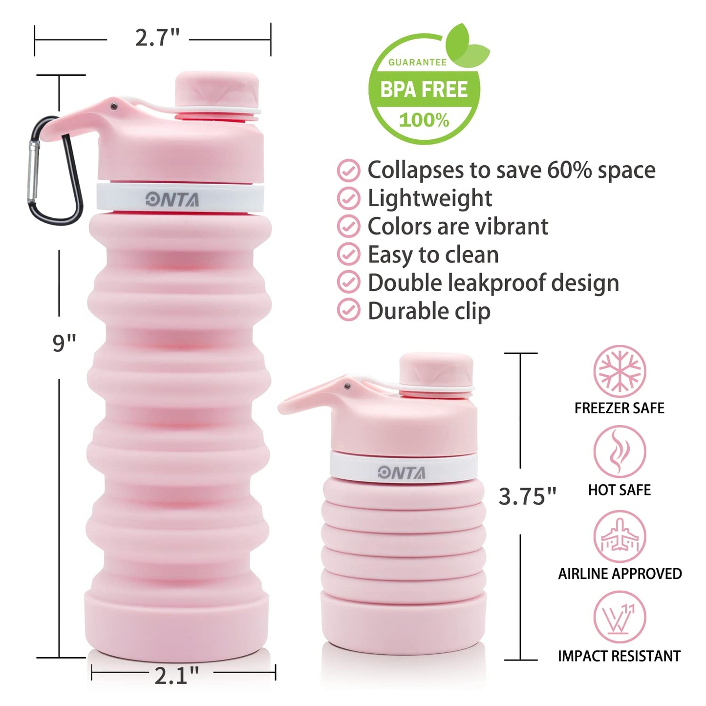 ONTA Collapsible Water Bottle- BPA Free Silicone Foldable Water Bottle for Travel,Silicone Portable Leak-Proof Travel Water Bottle 20oz, pink