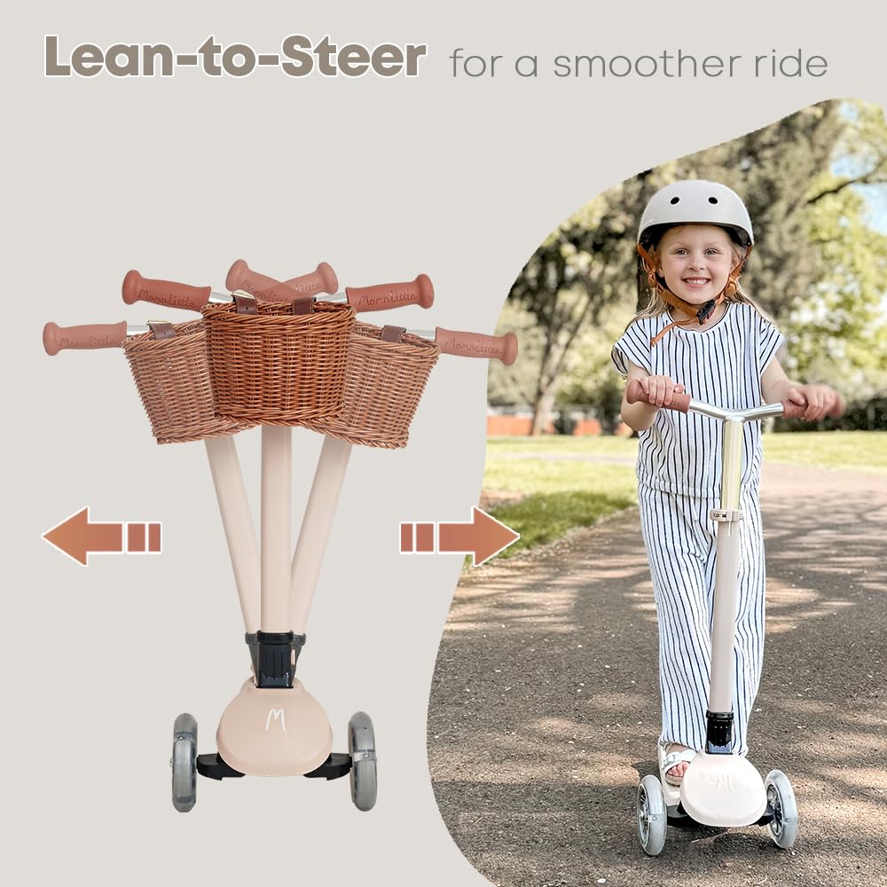 MomnLittle Kick Scooter for Kids Ages 3-10 (Beige) 3 Wheeled with LED Light-Up Wheels CPSC Certified Foldable and 4 Height Adjustable Toddler Scooters for Boys Girls