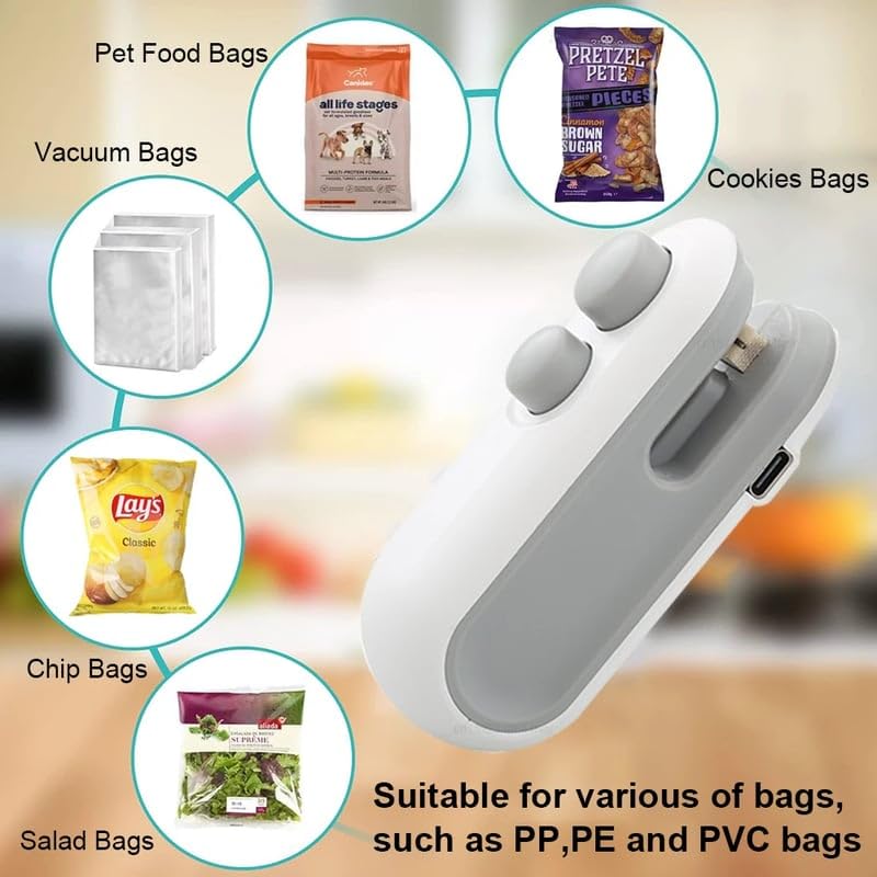 Mini Bag Sealer, 2024 New 2 in 1 Usb Rechargeable Chip Bag Sealer Heat Seal, Portable Handheld Rechargeable Vacuum Food Sealer Bag Sealing Machine for Snacks Chips Fresh Storage (White+Blue)