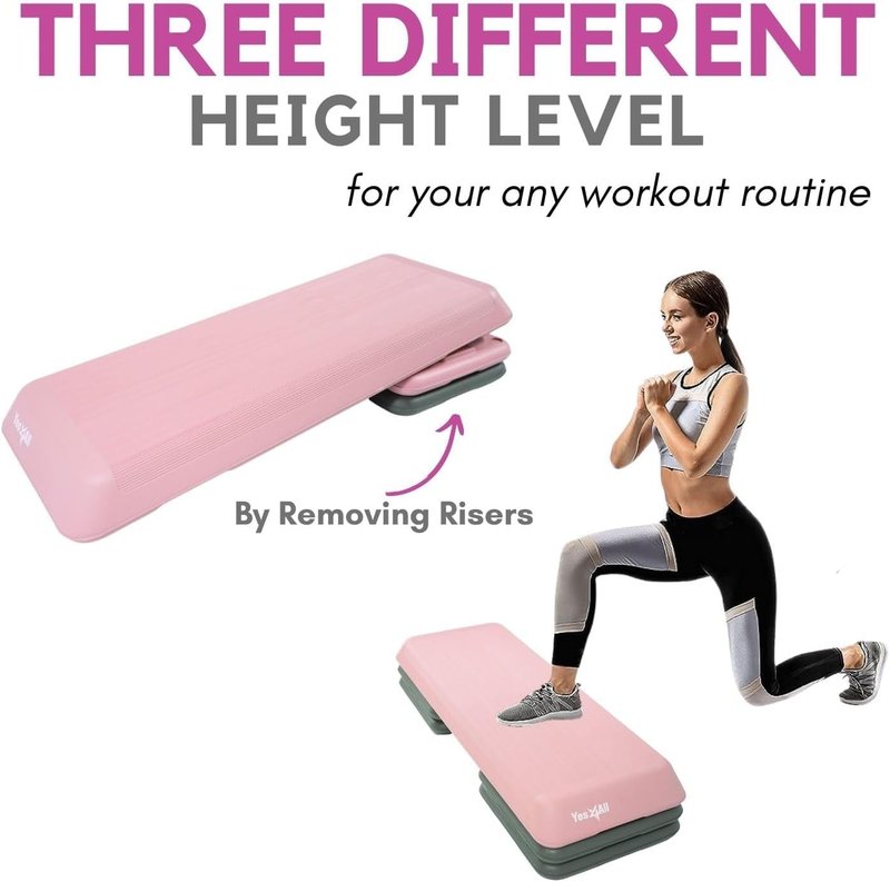 Yes4All Adjustable Workout Aerobic Exercise Step Platform Health Club Size with 4 Adjustable Risers Included and Greater Risers Options - Pink Grey