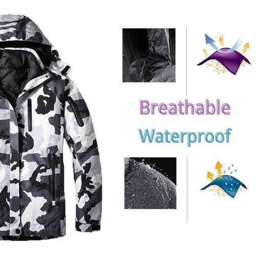 CLARIBEL Men's Outdoor Jacket Mountain Snowboarding Jackets Winter Snow Coat Warm Fleece Jacket Parka Camo Lightgray XL