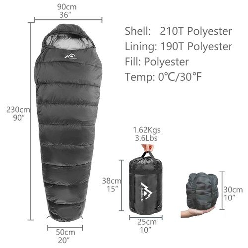 MANTUOLE Heated Sleeping Bag 5 Heating Zones, Operated with USB 5V/2A Battery or Other USB Power Supplies, Battery NOT Included, Mummy Style-Black.