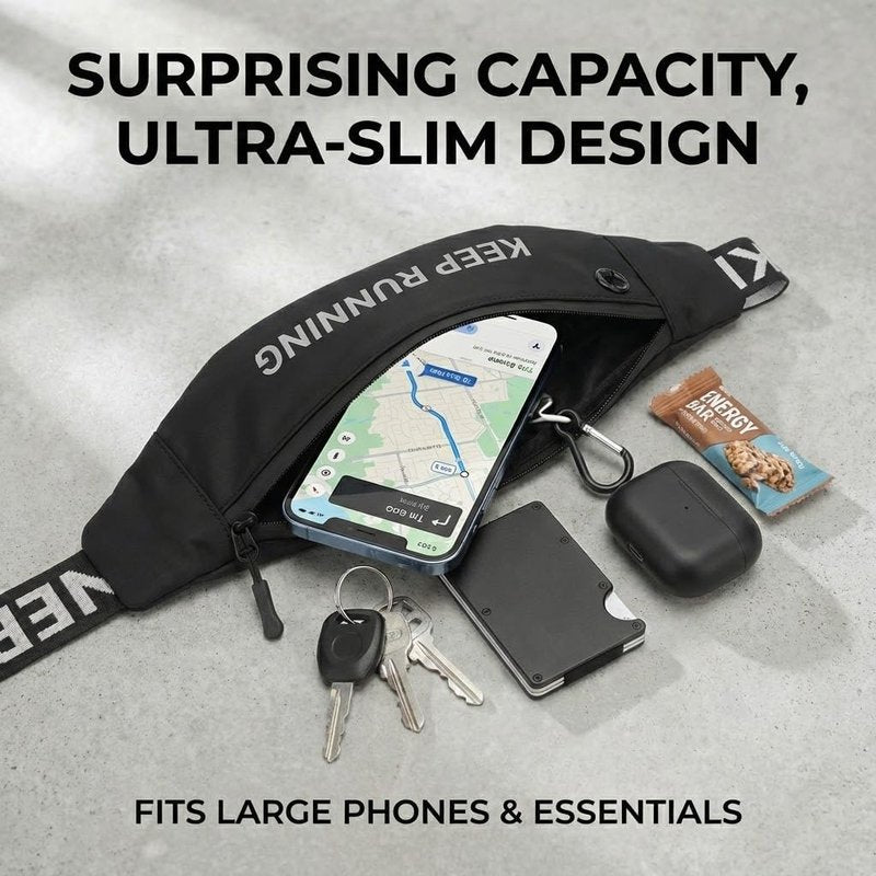 Slim Running Waist Pack for Women Men, Large Capacity Waist Belt with Organized Compartments, No-Bounce Secure Fit for Cycling, Hiking, Climbing Adventure & Reflective Safety Night Running - Black