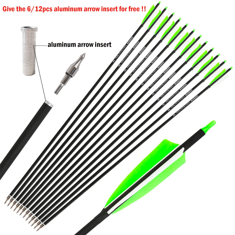 ZSHJGJR 30 Inch Archery Carbon Arrows Hunting Arrows with 4” Turkey Feather Target Practice Arrows Spine 500 for Compound & Recurve &Traditional Bow 6/12pcs (6 x Green Arrows)