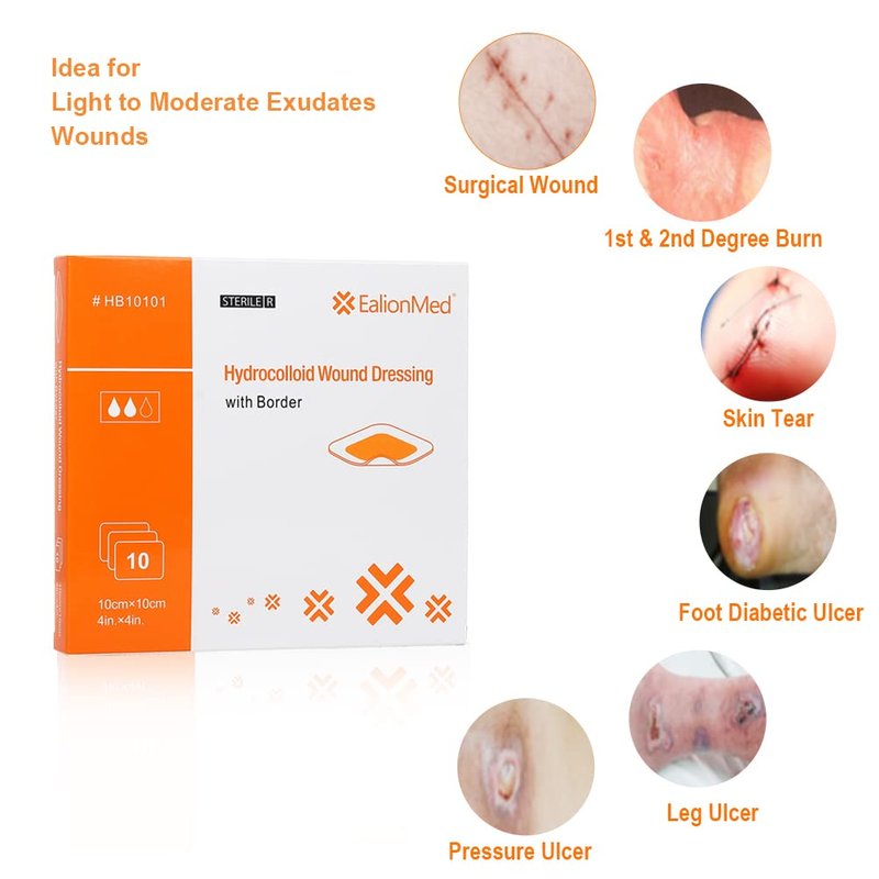 Hydrocolloid Bandage, Hydrocolloid Wound Dressing with Border 4''x4'' for Light to Medium Exudate Wound, Pressure Ulcer, Bed Sore, Surgical Wound,Superficial Wound, 10 Pack by EalionMed