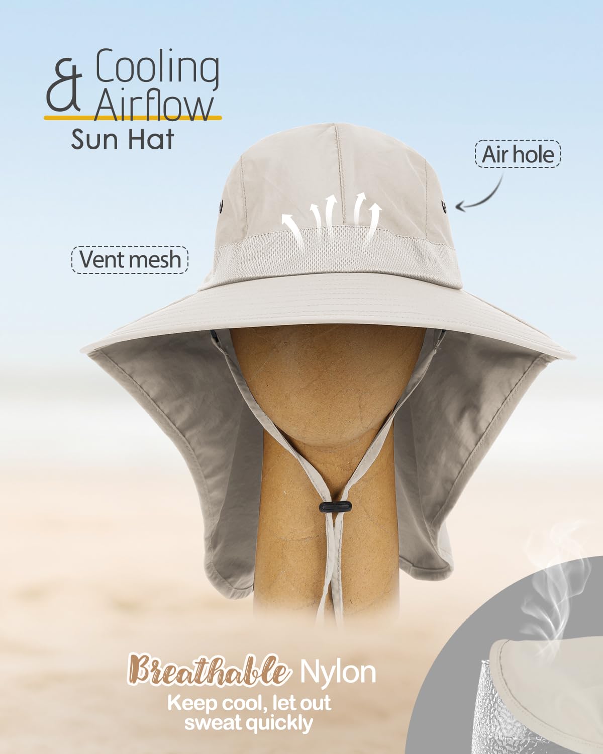 Creekstone Wide Brim Sun Hat with Neck Flap, UPF 50+ UV Protection Hiking Fishing Gardening Hat Waterproof Rain Hat Women Men (US, Alpha, One Size, Beige)