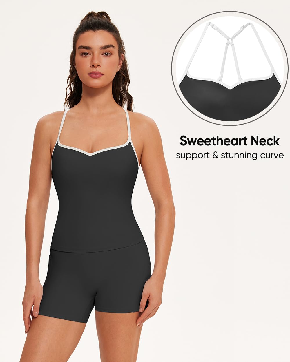 OMKAGI Sports Bras for Women Cute Sweetheart Neck Workout Tank Tops Open Back Yoga Bra Top(L, 546-Black)