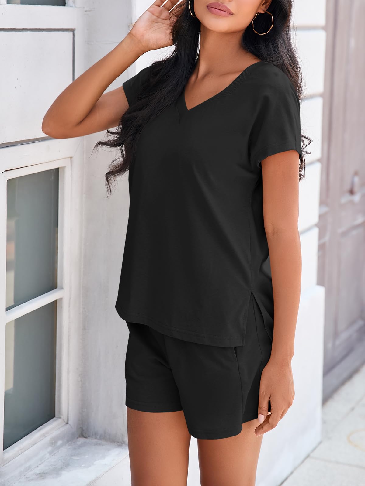 Fisoew 2 Piece Short Sets for Women Lounge Set Casual Summer Outfits V Neck Cap Short Sleeve Tops Matching Workout Airport Outfits Black