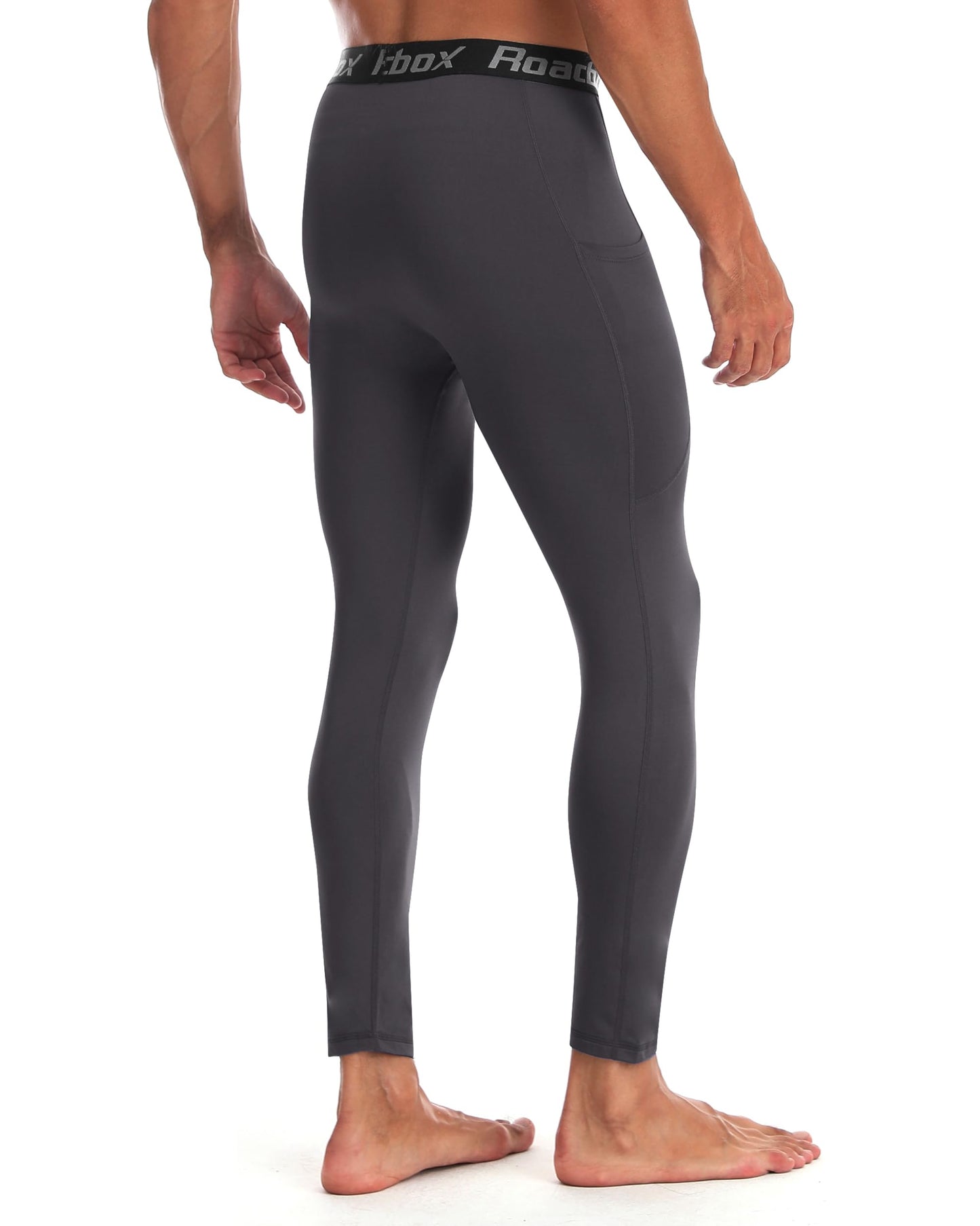 Roadbox Men's Thermal Compression Pants, Fleece Lined Running Tights with Pockets, Ski Leggings Athletic Base Layer Bottoms Dark Gray