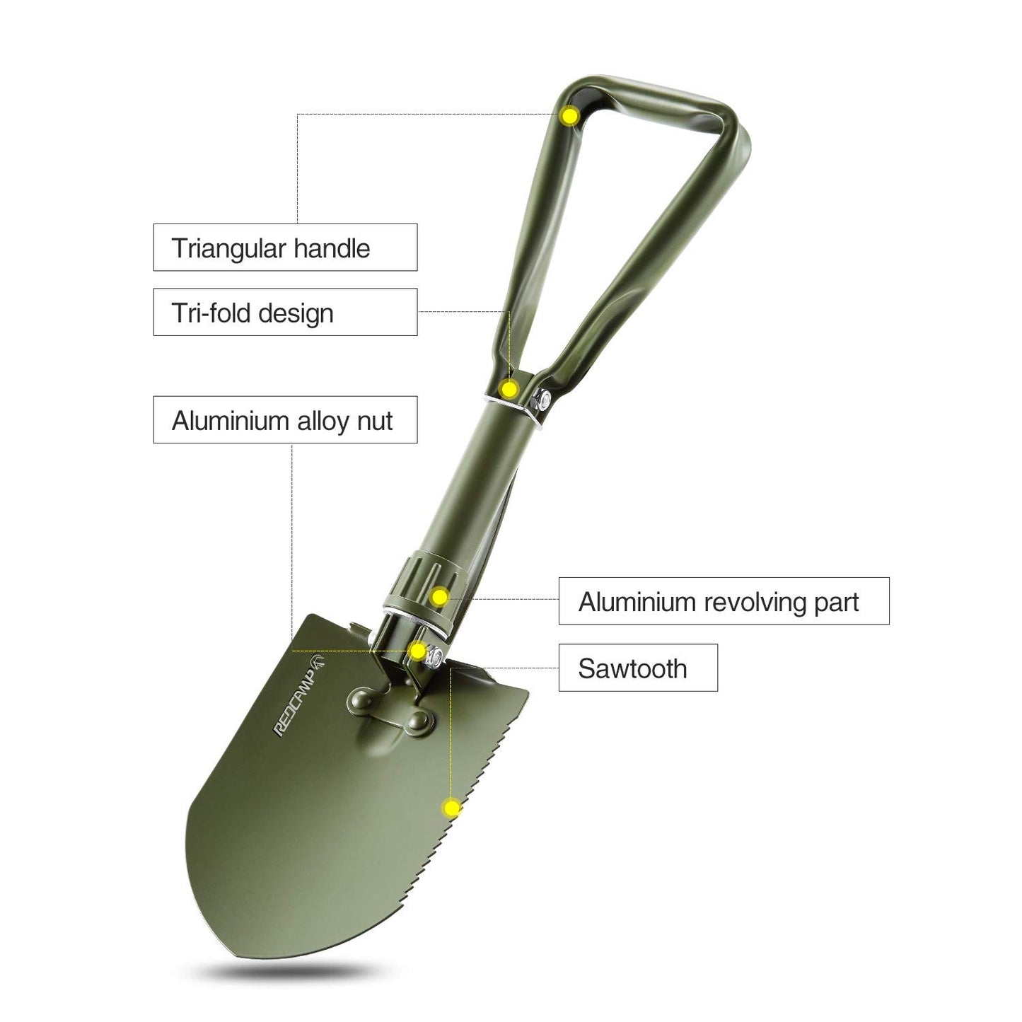 REDCAMP 22.8’‘ Military Folding Camping Shovel，High Carbon Steel Entrenching Tool Tri-fold Handle Shovel with Cover，Green 2.5lbs