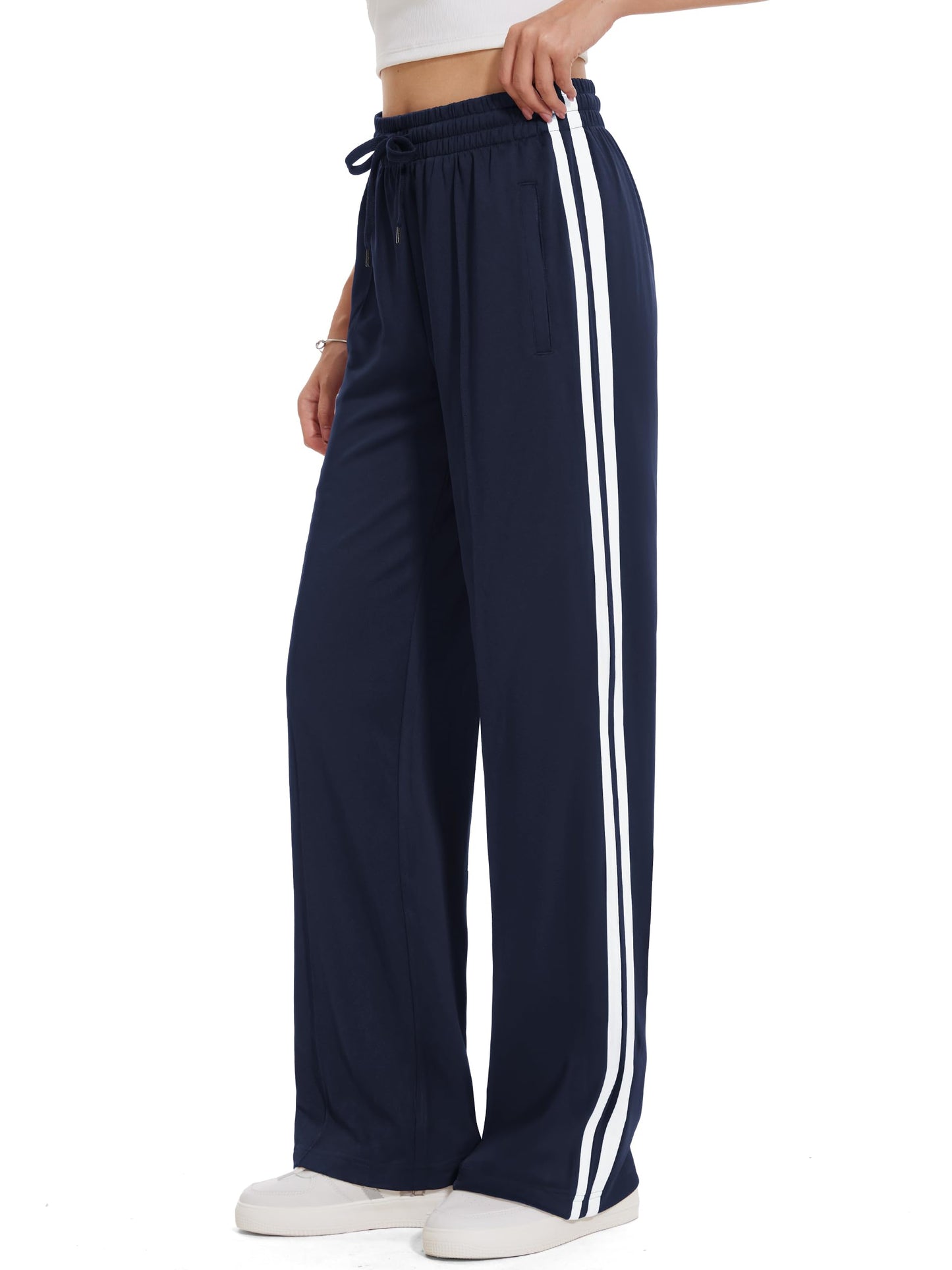 Tapata Women's 30" Inseam Regular Track Pants Loose Straight Leg Jogging Sweatpants Warm-Up Sports Athletic Running, Navy Blue, L