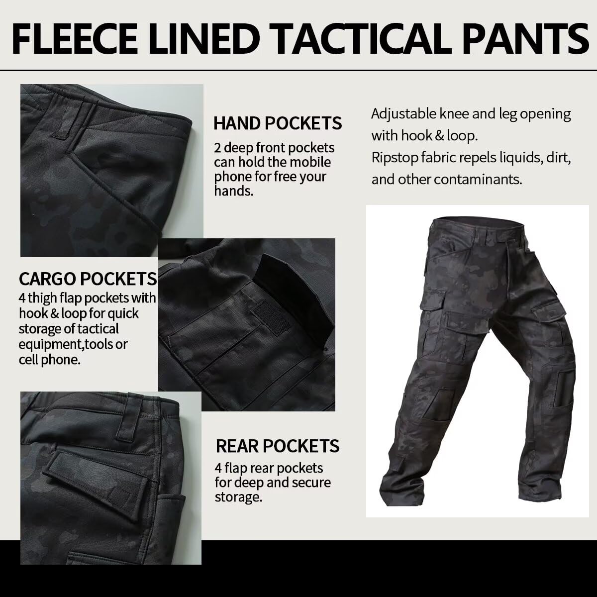 TRGPSG Men's Fleece Lined Tactical Pants Waterproof Hiking Pants Snow Ski Winter Outdoor Snowboard Warm Cargo Work Pants with Multi Pockets JRG3 Black Camo 34