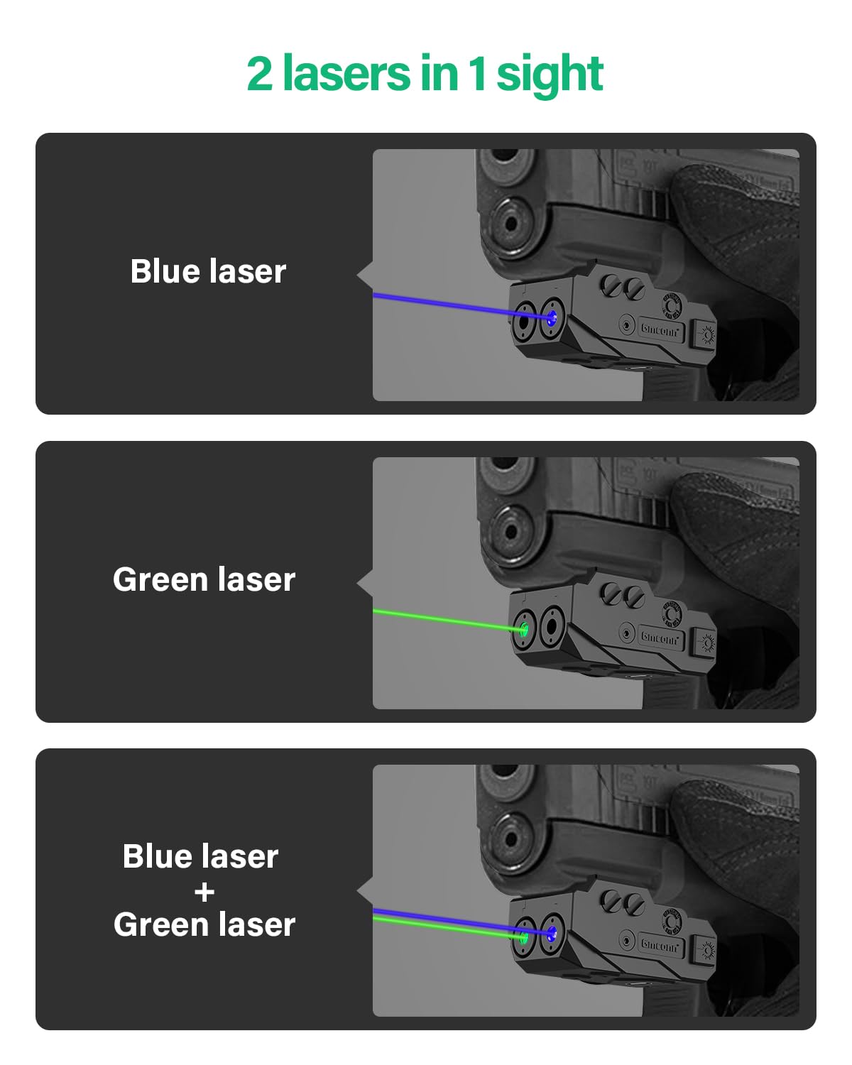 Gmconn Blue and Green Dual Laser Sight for Pistol with a Rail, Low Profile Blue Green Beams for Full Size or Compact Guns, Rechargeable, (Laser Output <5mW, Class IIIA)