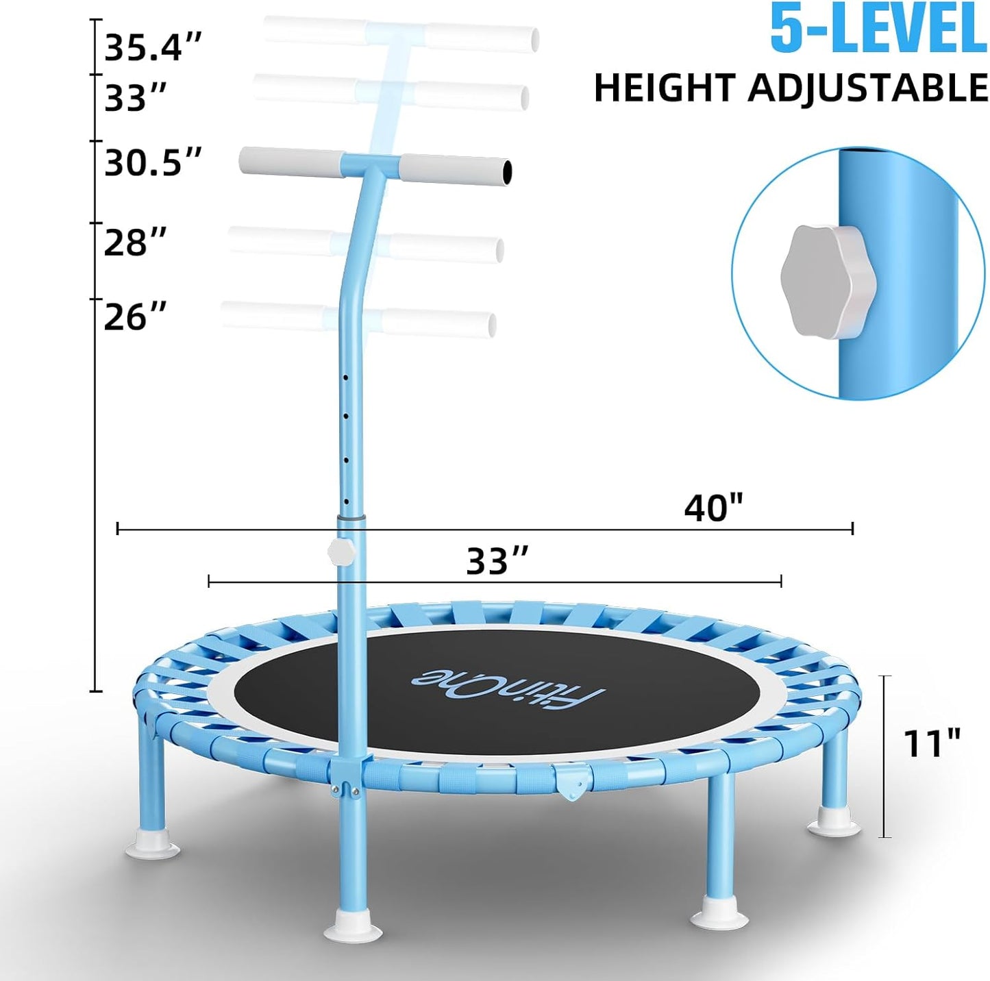 Fitness Mini Trampoline - 40” Adjustable Handle Bar, 330lbs Capacity | Foldable Bungee Rebounder for Indoor Exercise