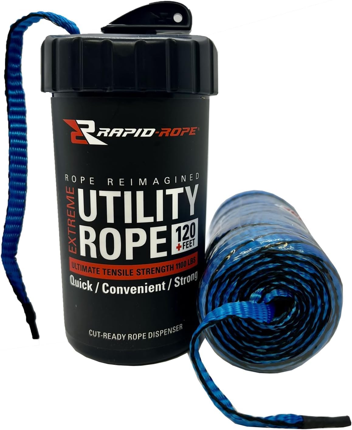 Rapid Rope Canister 120ft B1 Blue Flat Tactical Paracord, Made in USA, 1100lb Tested Heavy Duty Poly Rope Test Cord, Non-Tangle Dispenser Included – Hiking, Camping, Survival, Utility, Climbing