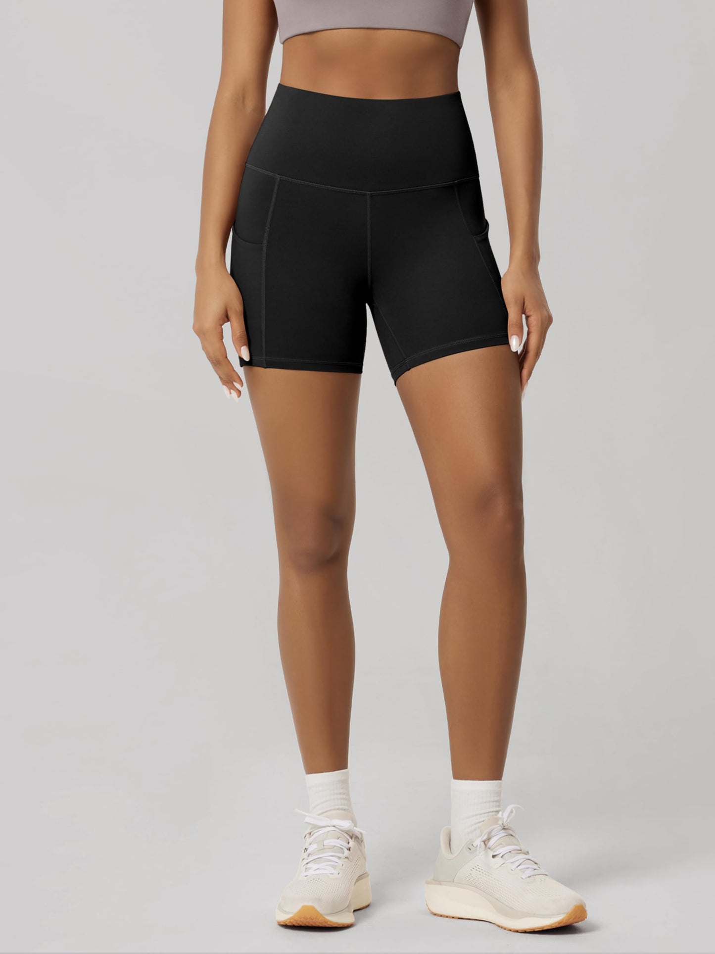 ODODOS 5" Tummy Control Biker Shorts for Women with Pockets High Waist Athletic Workout Yoga Shorts, Black, Medium