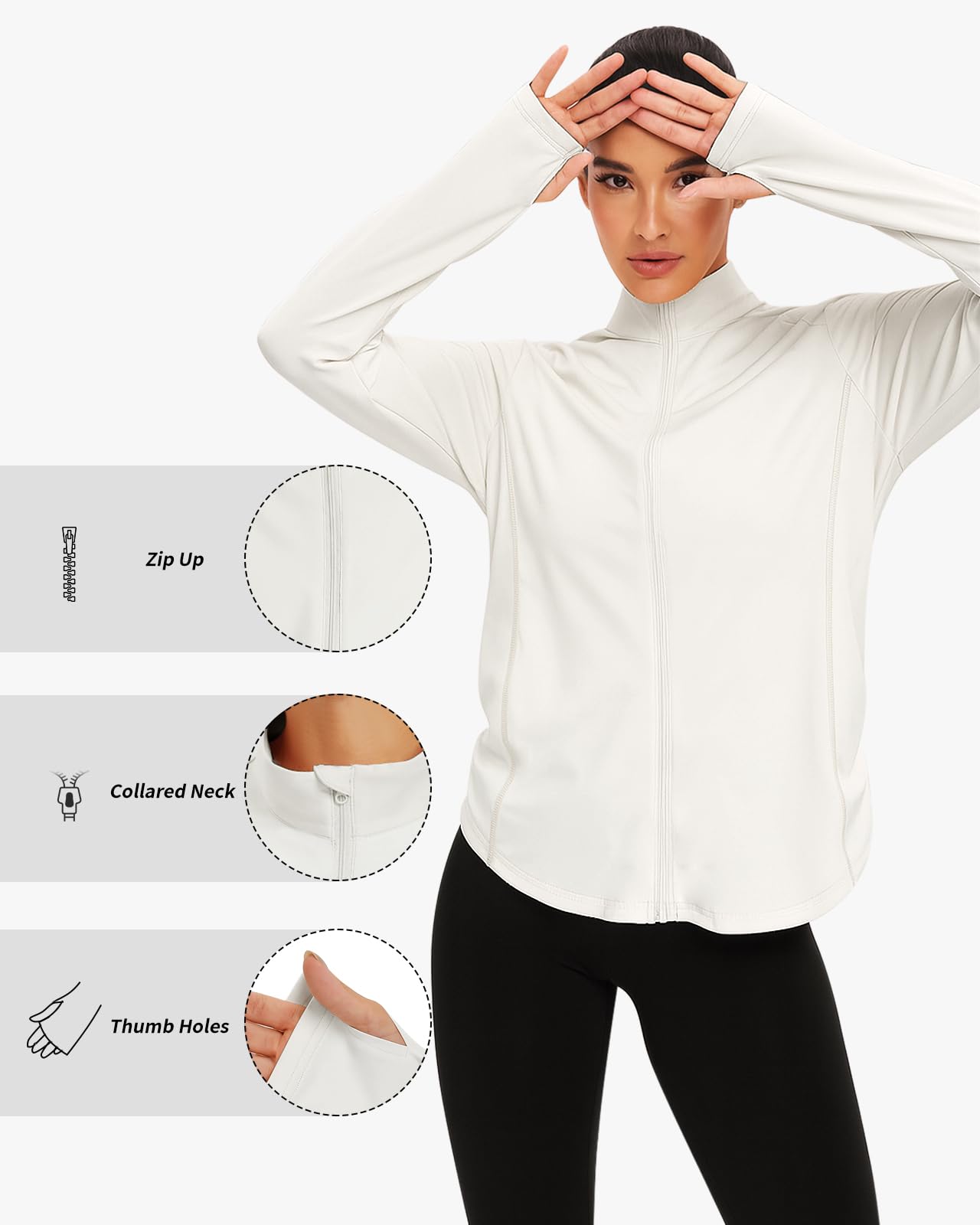 Vldnery Women's UPF 50+ Sun Protection Lightweight Jacket Zip Up Long Sleeve Sun Shirt for Women with Thumb Hole Hiking (White Large)