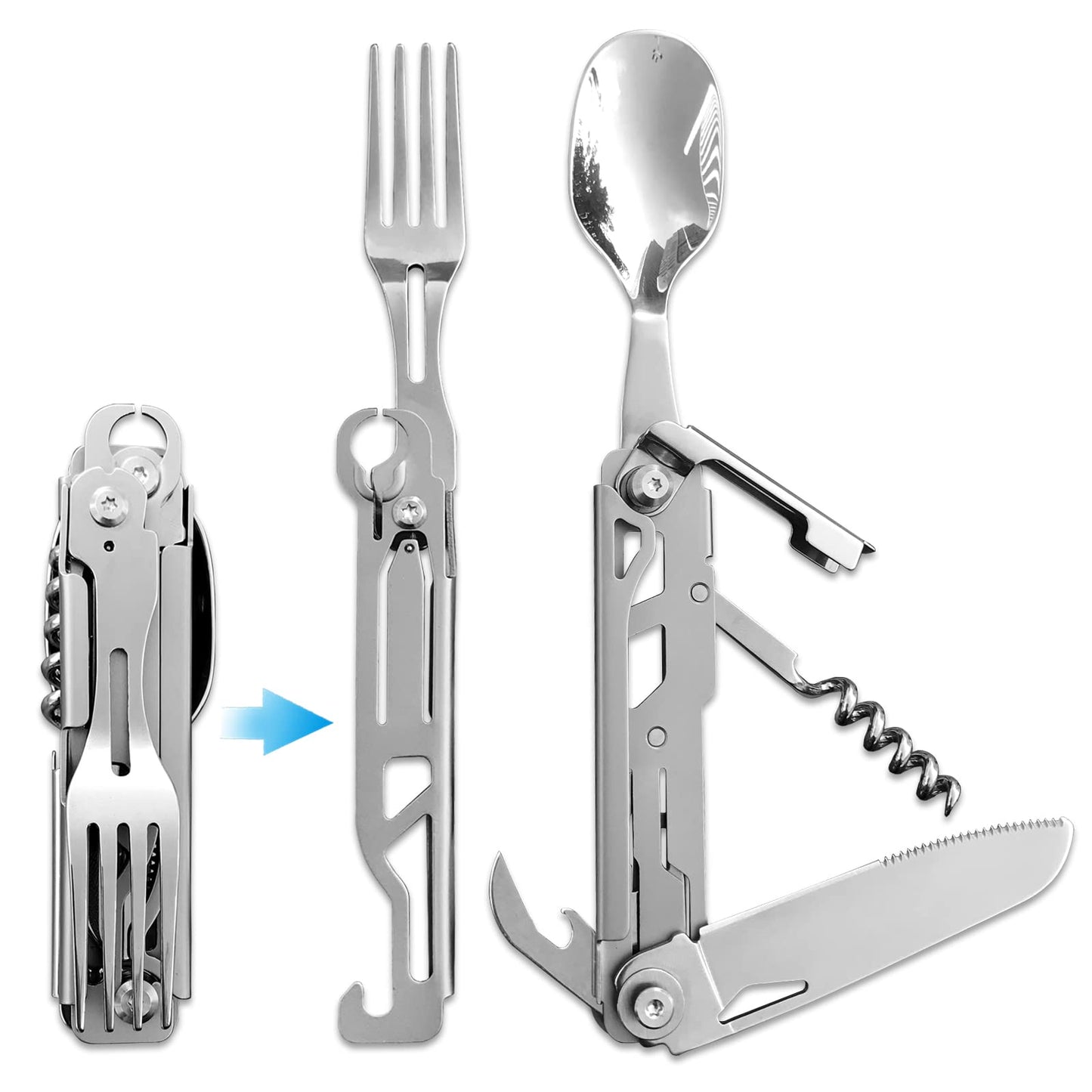 Joycube 6-in-1 Detachable Camping Utensils Flatware Set - Multi-Function Travel Pocket Cutlery Folding Spoon, Fork, Knife, Wine Bottle Opener Can Opener Portable Combo Set (Stainless Steel)