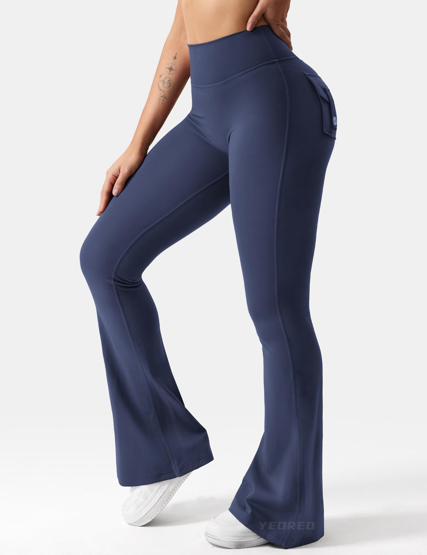 YEOREO CoreFlex Flare Leggings with Pockets for Women Scrunch Workout Leggings Butt Lifting Gym Yoga Pants Navy Blue
