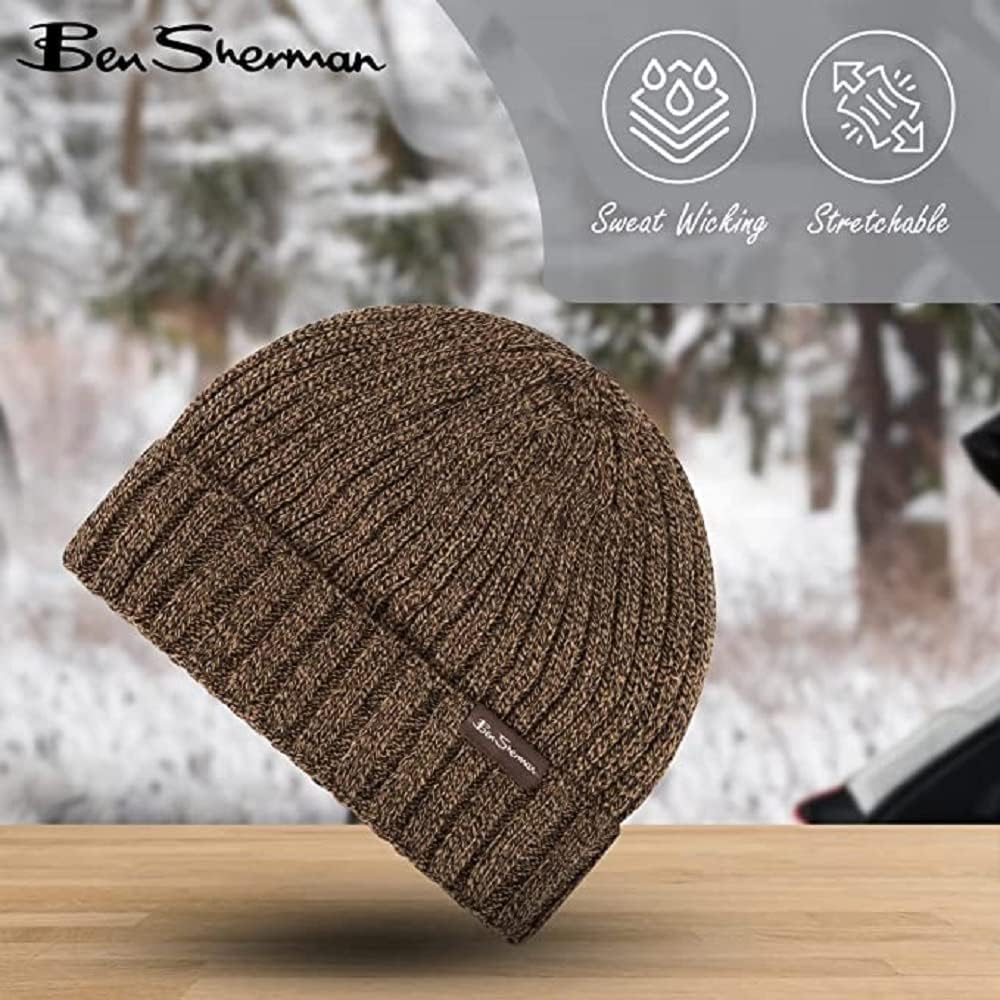 Ben Sherman Rib Knitted Mens Hats - 1-Pack Cuffed Winter Hat with Fur Lining - Warm Plush Lined Beanie Hat, Navy