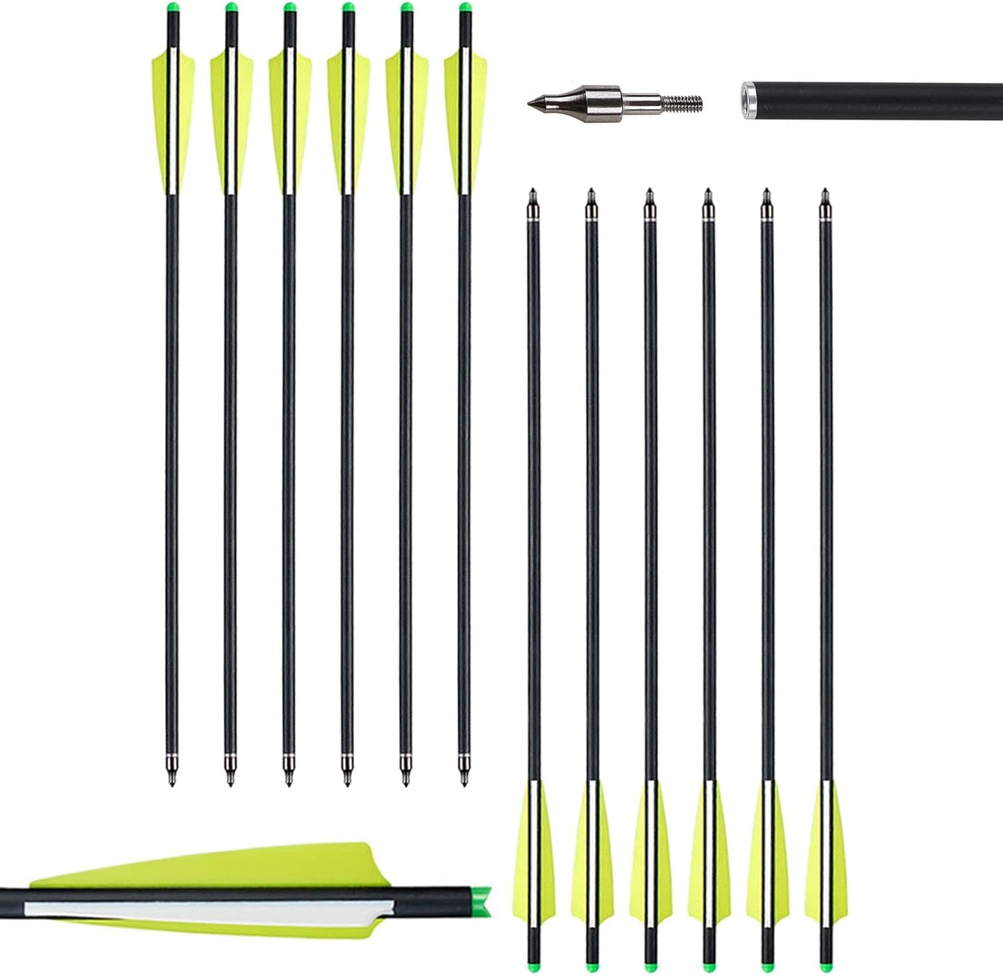 12-Pack Carbon Crossbow Bolts - 20 Inch Hunting Arrows with Removable Tips for Archery