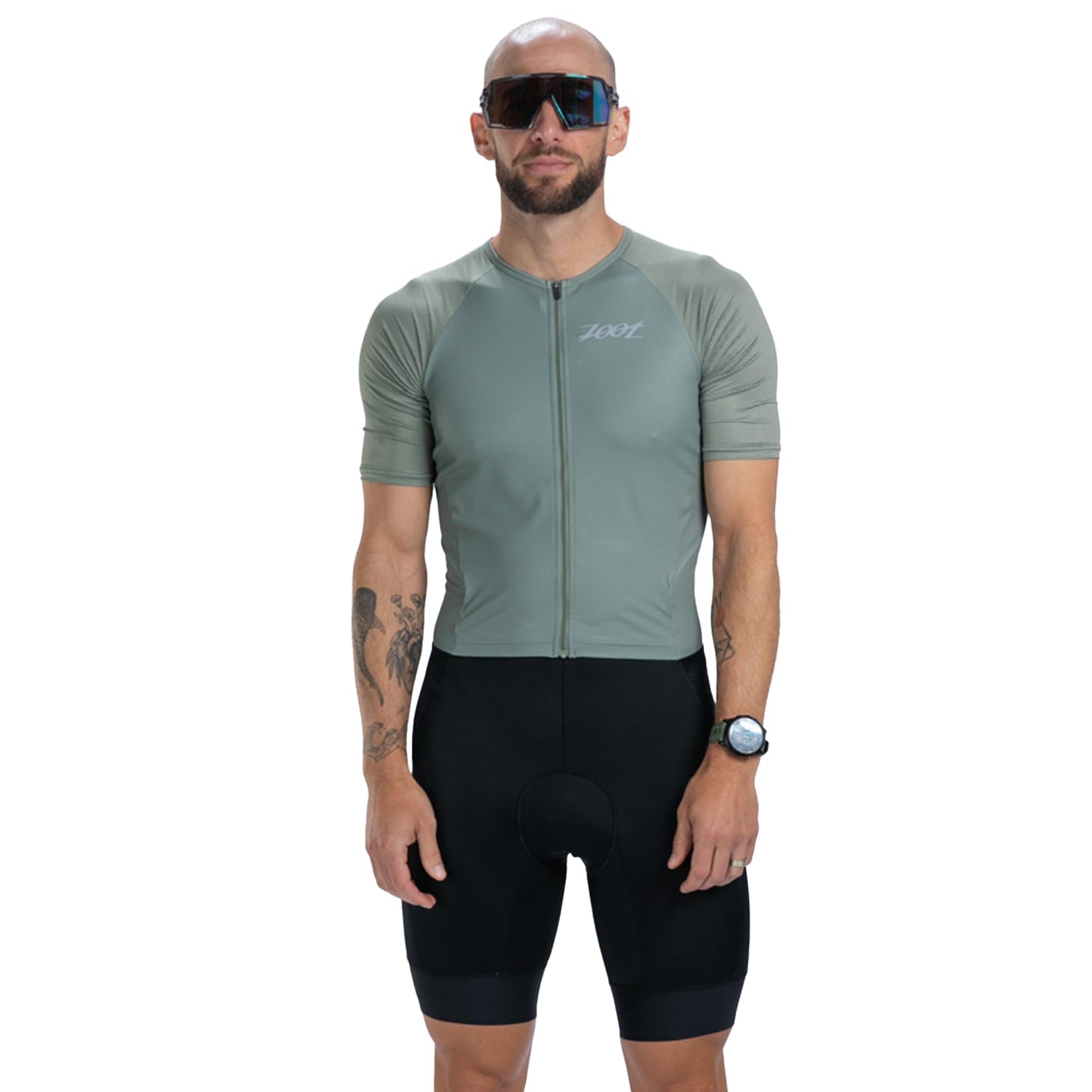 Zoot Men’s Core Tri Aero FZ Racesuit, Short Sleeve Moisture-Wicking Triathlon Suit, Plush Chamois & Storage for Race Day - Army Green - Small