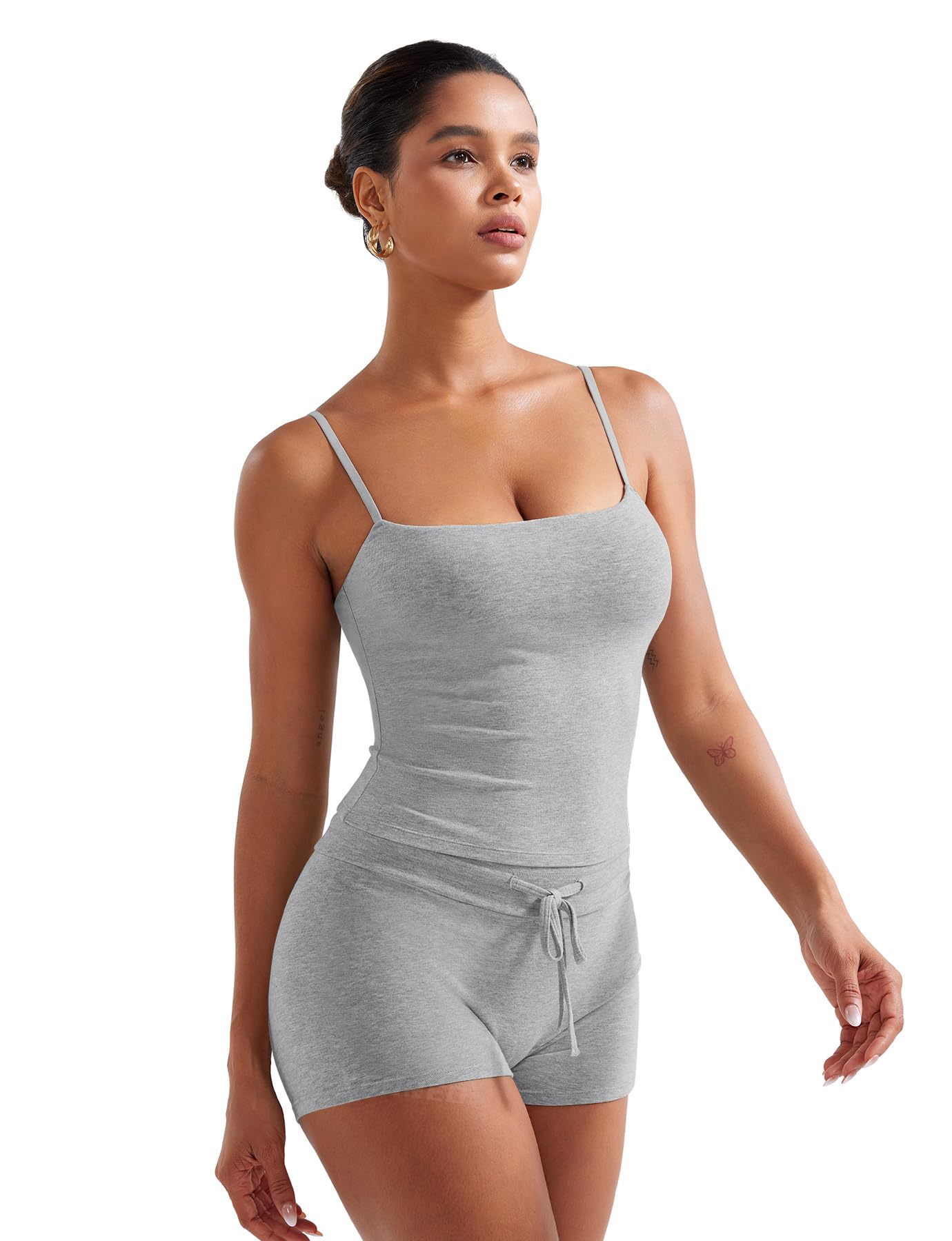 YEOREO Womens 2 Piece Lounge Sets Tank Tops Cami Shorts Matching Sets Summer Outfits Elastic Waist Built-in Bra Baby Pink M